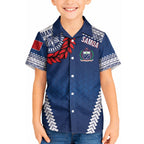 Manu Samoa Rugby Custom Navy Blue Kid Hawaiian Shirt ʻIe Toga Pattern With Red Ula fala