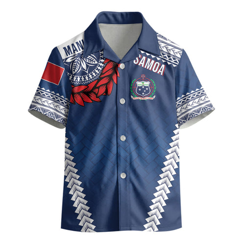 Manu Samoa Rugby Custom Navy Blue Kid Hawaiian Shirt ʻIe Toga Pattern With Red Ula fala