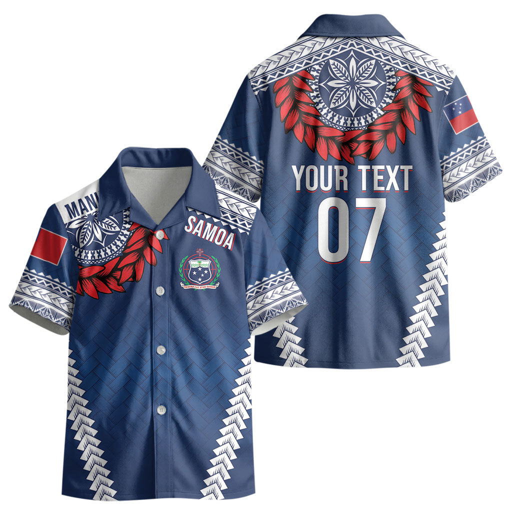Manu Samoa Rugby Custom Navy Blue Kid Hawaiian Shirt ʻIe Toga Pattern With Red Ula fala