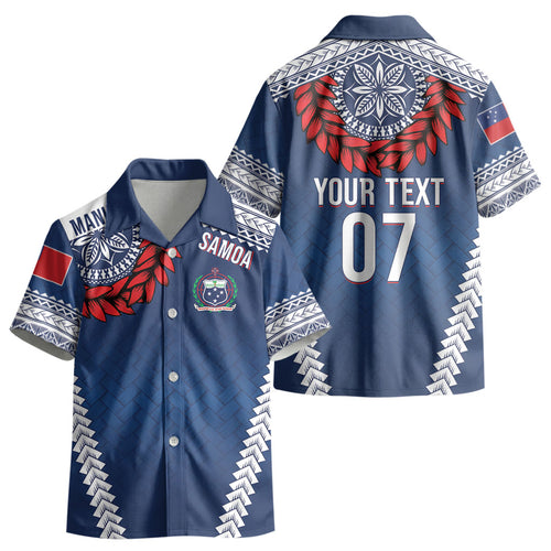 Manu Samoa Rugby Custom Navy Blue Kid Hawaiian Shirt ʻIe Toga Pattern With Red Ula fala