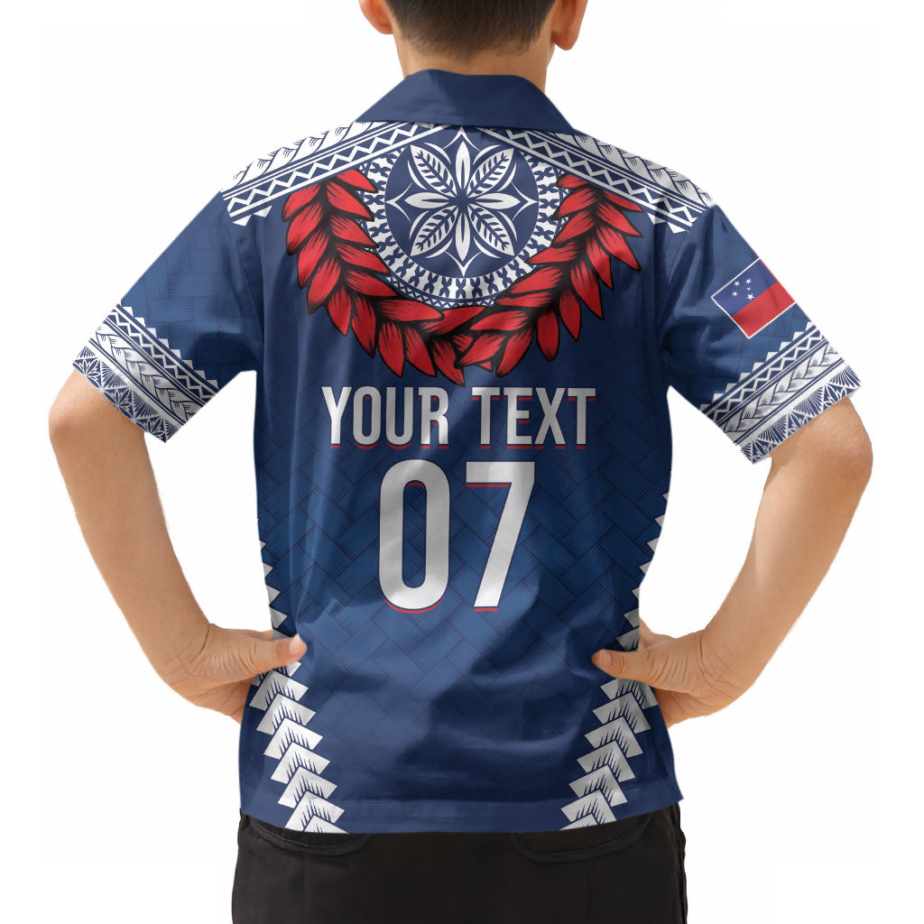 Manu Samoa Rugby Custom Navy Blue Kid Hawaiian Shirt ʻIe Toga Pattern With Red Ula fala