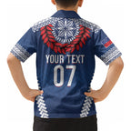 Manu Samoa Rugby Custom Navy Blue Kid Hawaiian Shirt ʻIe Toga Pattern With Red Ula fala
