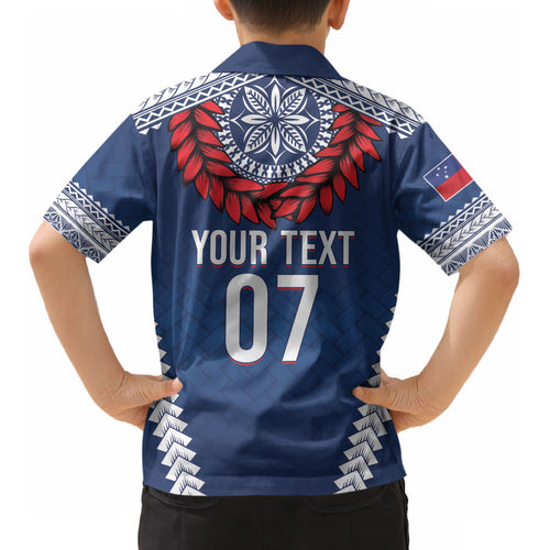 Manu Samoa Rugby Custom Navy Blue Kid Hawaiian Shirt ʻIe Toga Pattern With Red Ula fala