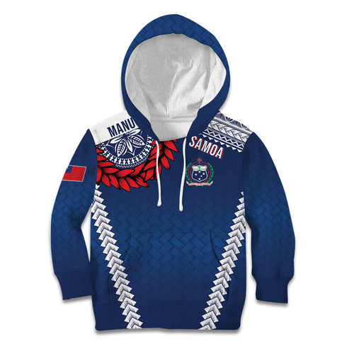 Manu Samoa Rugby Custom Navy Blue Kid Hoodie ʻIe Toga Pattern With Red Ula fala