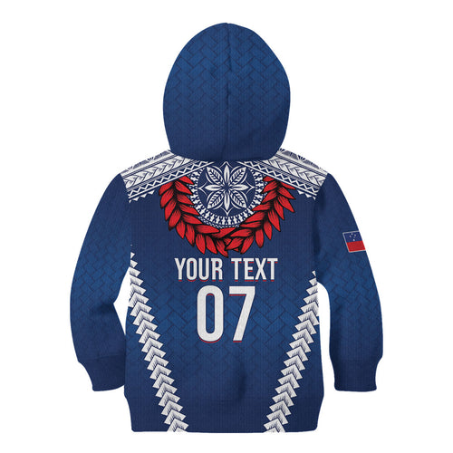 Manu Samoa Rugby Custom Navy Blue Kid Hoodie ʻIe Toga Pattern With Red Ula fala