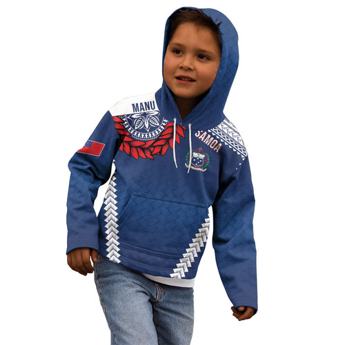 Manu Samoa Rugby Custom Navy Blue Kid Hoodie ʻIe Toga Pattern With Red Ula fala
