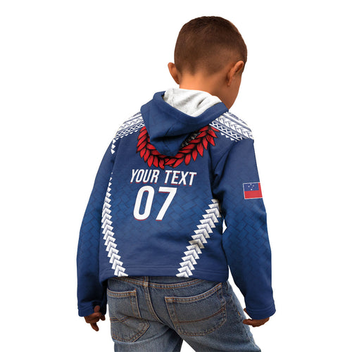 Manu Samoa Rugby Custom Navy Blue Kid Hoodie ʻIe Toga Pattern With Red Ula fala