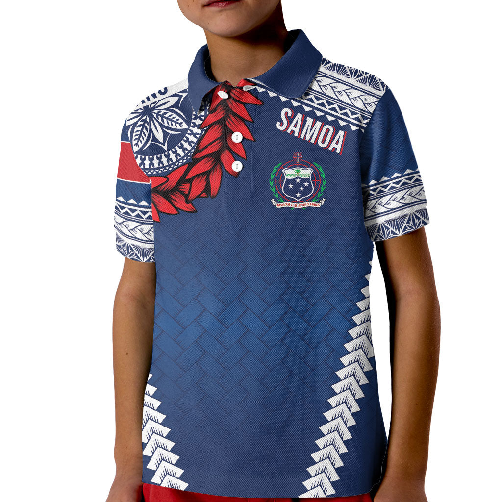 Manu Samoa Rugby Custom Navy Blue Kid Polo Shirt ʻIe Toga Pattern With Red Ula fala