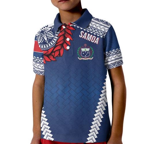 Manu Samoa Rugby Custom Navy Blue Kid Polo Shirt ʻIe Toga Pattern With Red Ula fala
