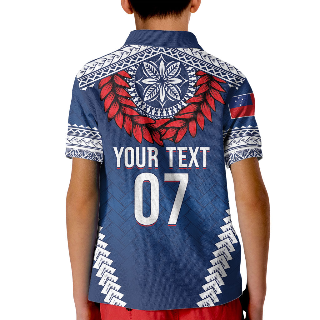 Manu Samoa Rugby Custom Navy Blue Kid Polo Shirt ʻIe Toga Pattern With Red Ula fala