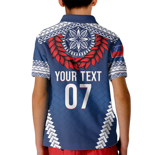 Manu Samoa Rugby Custom Navy Blue Kid Polo Shirt ʻIe Toga Pattern With Red Ula fala