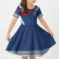 Manu Samoa Rugby Custom Navy Blue Kid Short Sleeve Dress ʻIe Toga Pattern With Red Ula fala