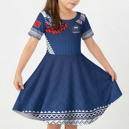 Manu Samoa Rugby Custom Navy Blue Kid Short Sleeve Dress ʻIe Toga Pattern With Red Ula fala
