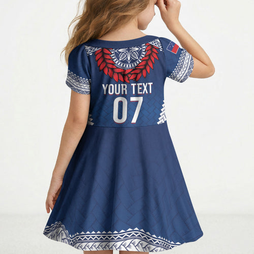 Manu Samoa Rugby Custom Navy Blue Kid Short Sleeve Dress ʻIe Toga Pattern With Red Ula fala