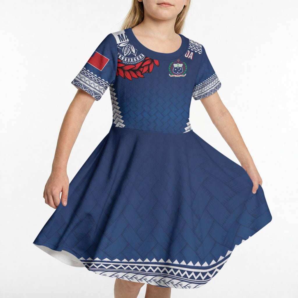 Manu Samoa Rugby Custom Navy Blue Kid Short Sleeve Dress ʻIe Toga Pattern With Red Ula fala