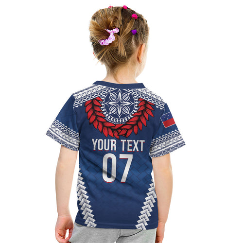 Manu Samoa Rugby Custom Navy Blue Kid T Shirt ʻIe Toga Pattern With Red Ula fala