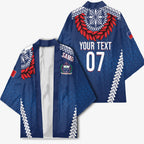 Manu Samoa Rugby Custom Navy Blue Kimono ʻIe Toga Pattern With Red Ula fala