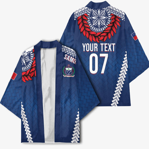 Manu Samoa Rugby Custom Navy Blue Kimono ʻIe Toga Pattern With Red Ula fala