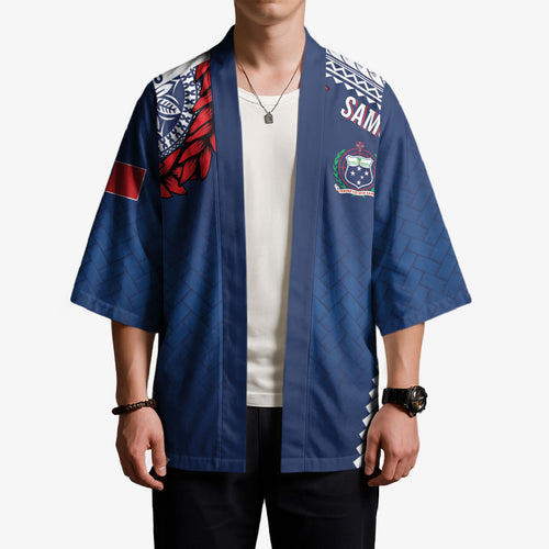 Manu Samoa Rugby Custom Navy Blue Kimono ʻIe Toga Pattern With Red Ula fala