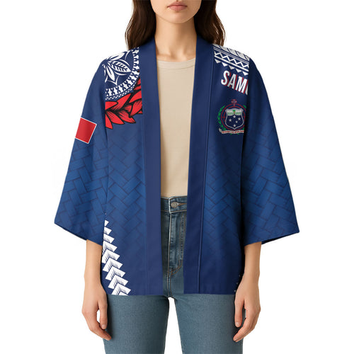 Manu Samoa Rugby Custom Navy Blue Kimono ʻIe Toga Pattern With Red Ula fala