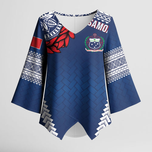 Manu Samoa Rugby Custom Navy Blue Kimono Sleeve Blouse ʻIe Toga Pattern With Red Ula fala
