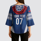 Manu Samoa Rugby Custom Navy Blue Kimono Sleeve Blouse ʻIe Toga Pattern With Red Ula fala