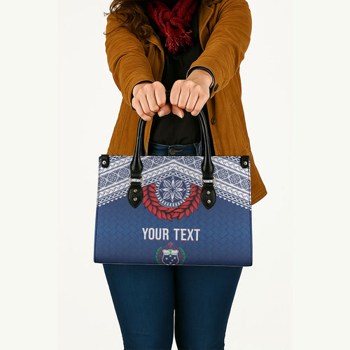 Manu Samoa Rugby Custom Navy Blue Leather Bag ʻIe Toga Pattern With Red Ula fala