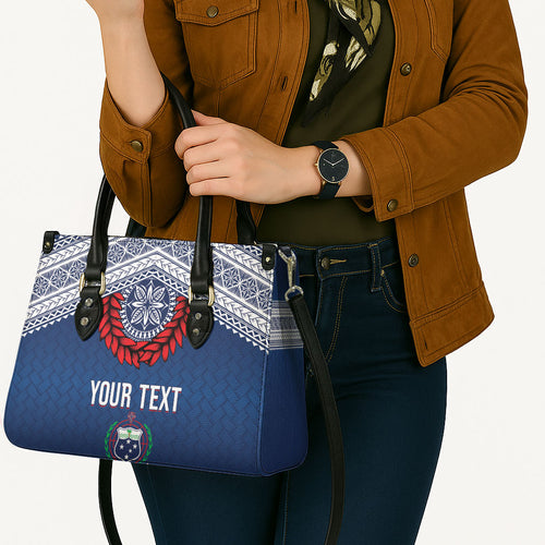 Manu Samoa Rugby Custom Navy Blue Leather Bag ʻIe Toga Pattern With Red Ula fala