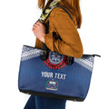 Manu Samoa Rugby Custom Navy Blue Leather Tote Bag ʻIe Toga Pattern With Red Ula fala
