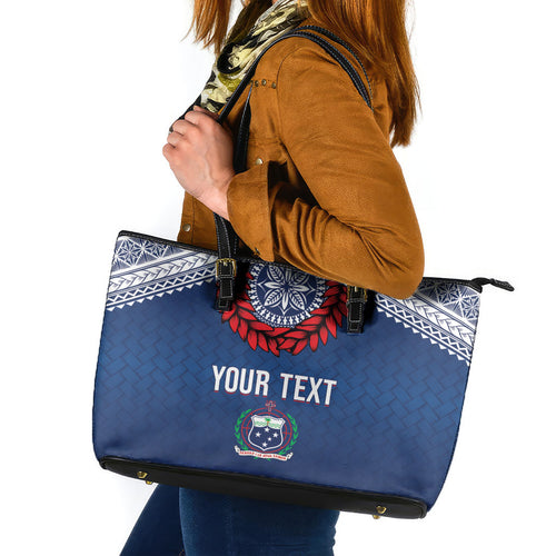 Manu Samoa Rugby Custom Navy Blue Leather Tote Bag ʻIe Toga Pattern With Red Ula fala
