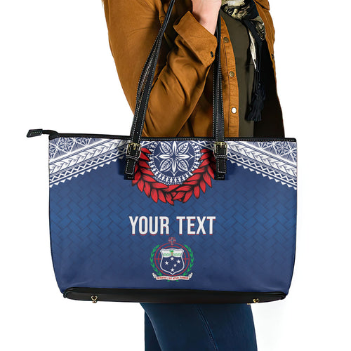 Manu Samoa Rugby Custom Navy Blue Leather Tote Bag ʻIe Toga Pattern With Red Ula fala