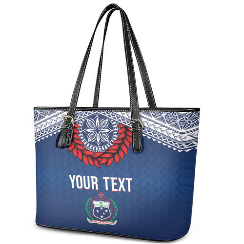 Manu Samoa Rugby Custom Navy Blue Leather Tote Bag ʻIe Toga Pattern With Red Ula fala