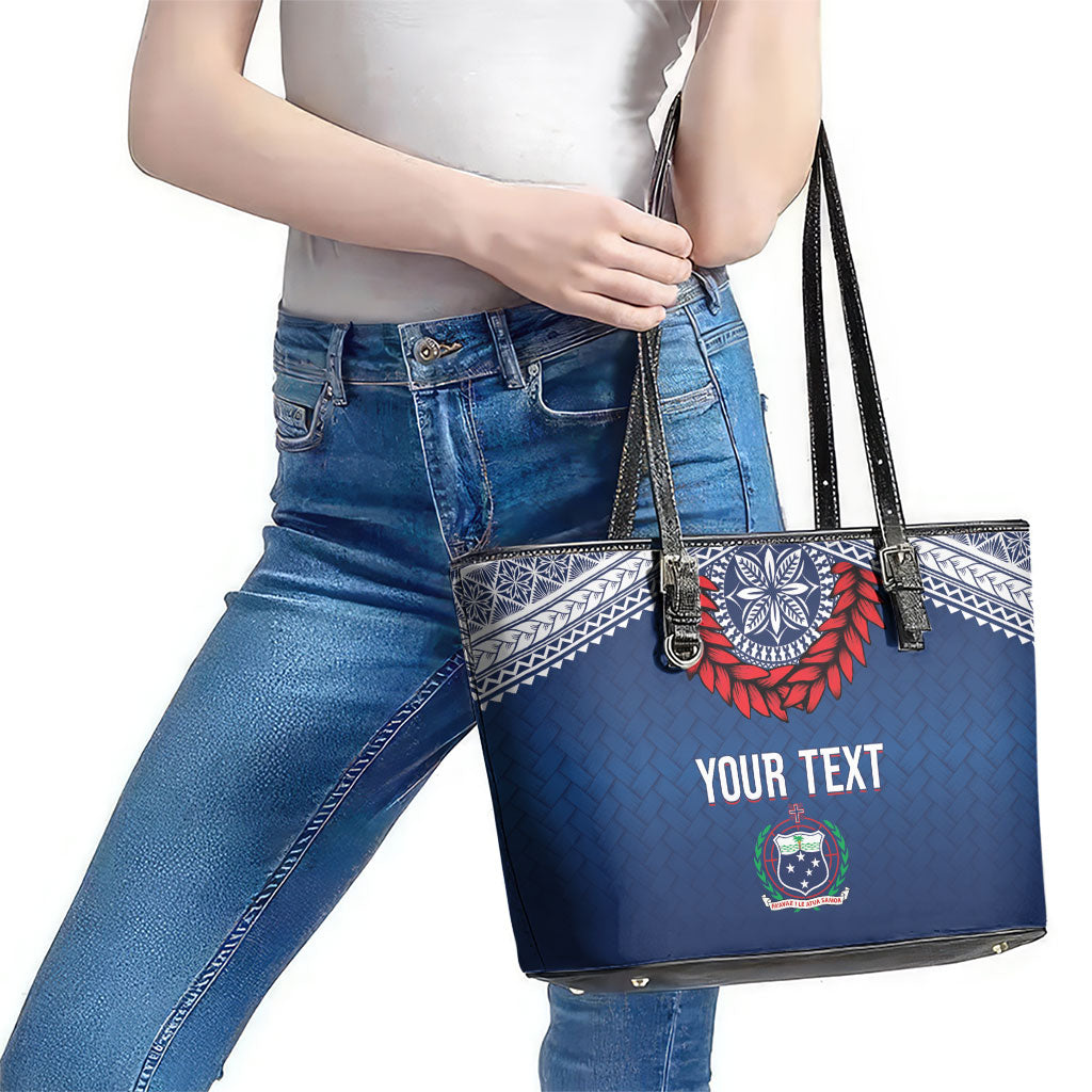 Manu Samoa Rugby Custom Navy Blue Leather Tote Bag ʻIe Toga Pattern With Red Ula fala