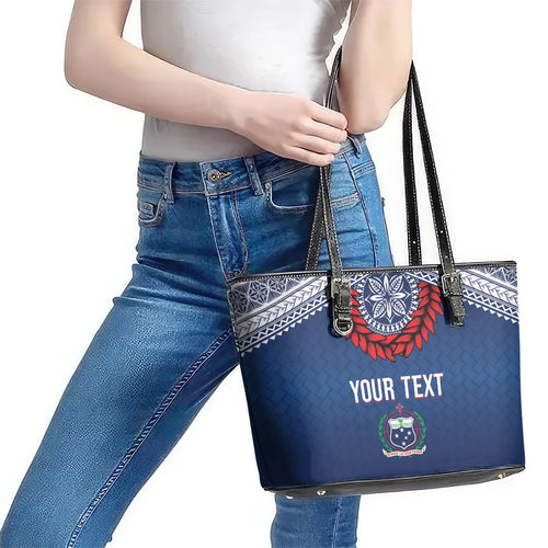 Manu Samoa Rugby Custom Navy Blue Leather Tote Bag ʻIe Toga Pattern With Red Ula fala