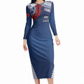 Manu Samoa Rugby Custom Navy Blue Long Sleeve Bodycon Dress ʻIe Toga Pattern With Red Ula fala