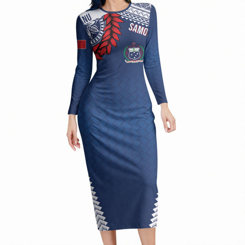 Manu Samoa Rugby Custom Navy Blue Long Sleeve Bodycon Dress ʻIe Toga Pattern With Red Ula fala