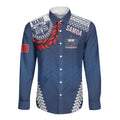 Manu Samoa Rugby Custom Navy Blue Long Sleeve Button Shirt ʻIe Toga Pattern With Red Ula fala