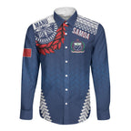 Manu Samoa Rugby Custom Navy Blue Long Sleeve Button Shirt ʻIe Toga Pattern With Red Ula fala