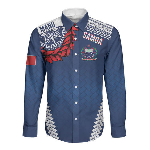 Manu Samoa Rugby Custom Navy Blue Long Sleeve Button Shirt ʻIe Toga Pattern With Red Ula fala