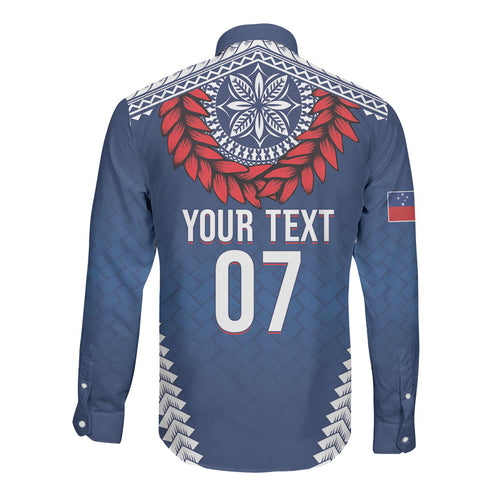 Manu Samoa Rugby Custom Navy Blue Long Sleeve Button Shirt ʻIe Toga Pattern With Red Ula fala