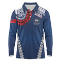 Manu Samoa Rugby Custom Navy Blue Long Sleeve Polo Shirt ʻIe Toga Pattern With Red Ula fala