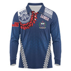 Manu Samoa Rugby Custom Navy Blue Long Sleeve Polo Shirt ʻIe Toga Pattern With Red Ula fala