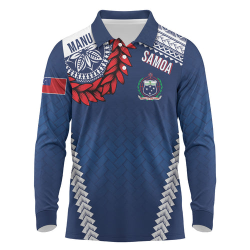 Manu Samoa Rugby Custom Navy Blue Long Sleeve Polo Shirt ʻIe Toga Pattern With Red Ula fala