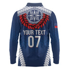 Manu Samoa Rugby Custom Navy Blue Long Sleeve Polo Shirt ʻIe Toga Pattern With Red Ula fala