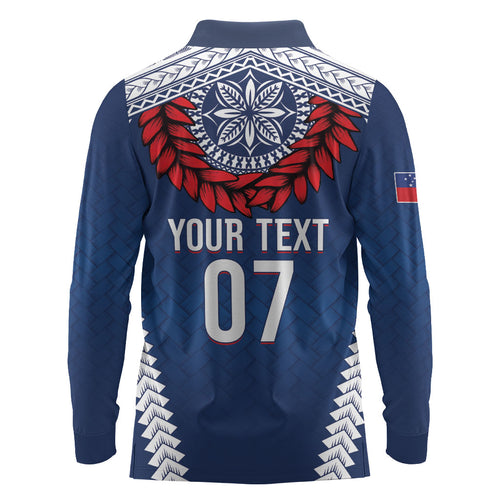 Manu Samoa Rugby Custom Navy Blue Long Sleeve Polo Shirt ʻIe Toga Pattern With Red Ula fala