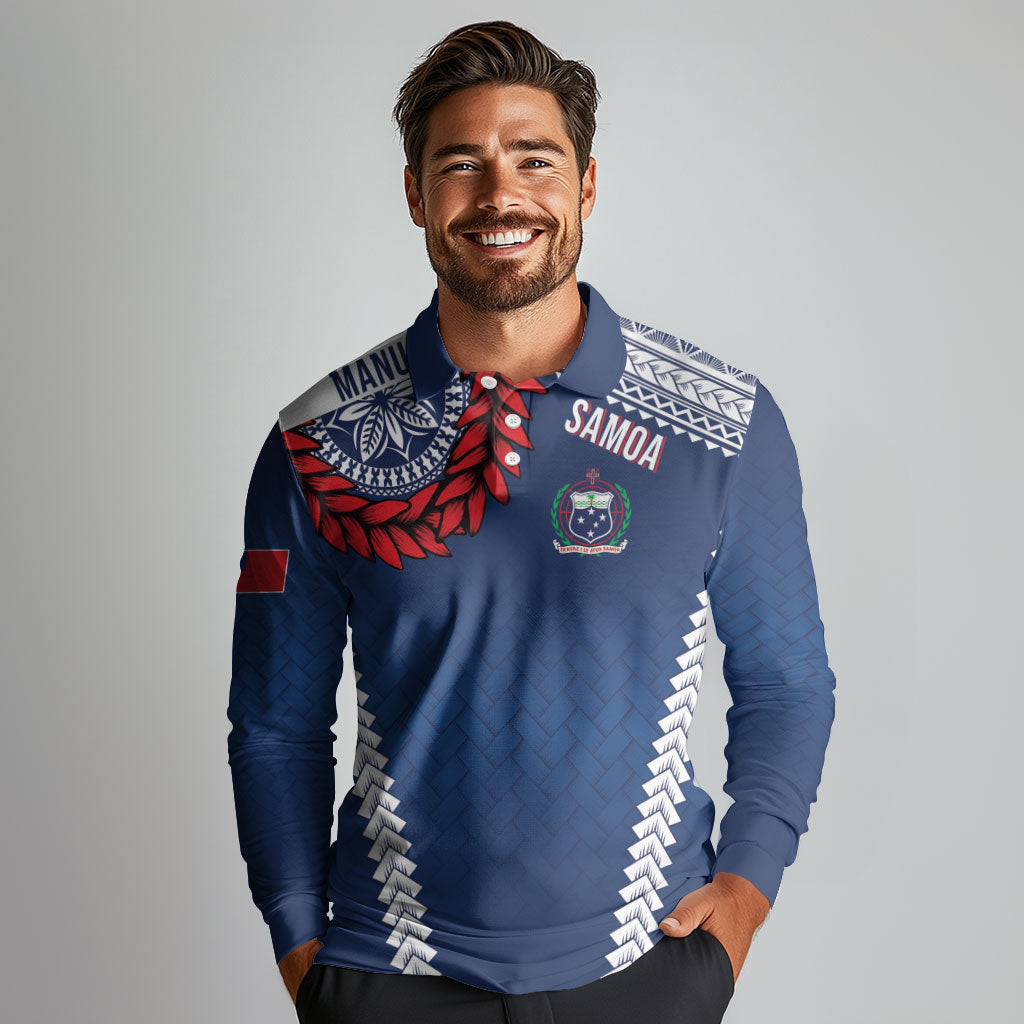 Manu Samoa Rugby Custom Navy Blue Long Sleeve Polo Shirt ʻIe Toga Pattern With Red Ula fala