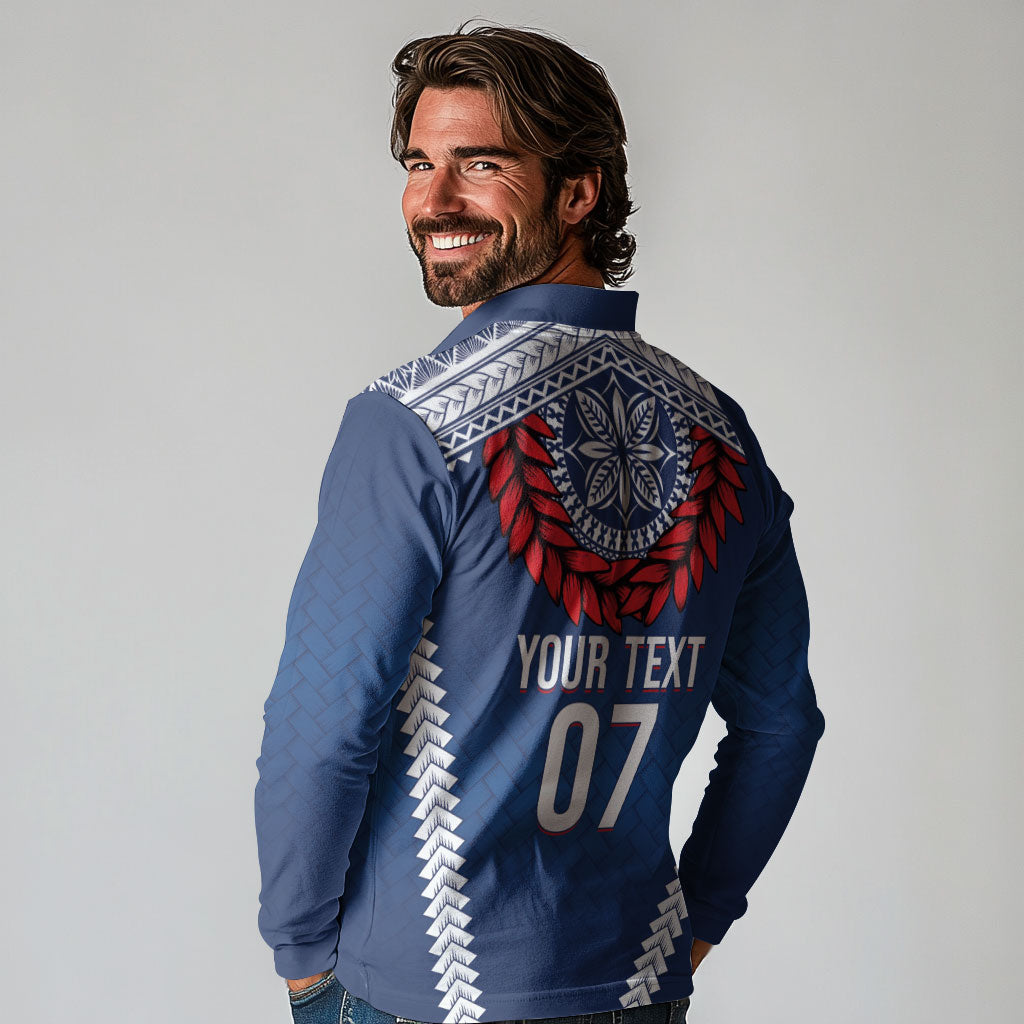 Manu Samoa Rugby Custom Navy Blue Long Sleeve Polo Shirt ʻIe Toga Pattern With Red Ula fala