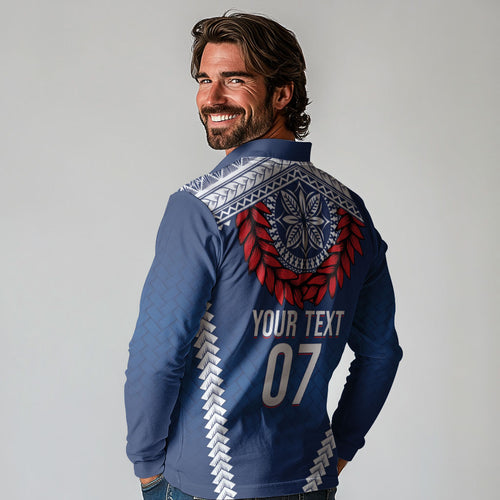 Manu Samoa Rugby Custom Navy Blue Long Sleeve Polo Shirt ʻIe Toga Pattern With Red Ula fala