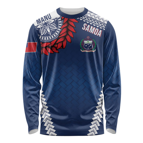 Manu Samoa Rugby Custom Navy Blue Long Sleeve Shirt ʻIe Toga Pattern With Red Ula fala