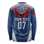 Manu Samoa Rugby Custom Navy Blue Long Sleeve Shirt ʻIe Toga Pattern With Red Ula fala